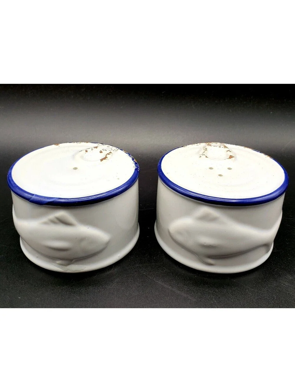 Two's Company Ceramic Salt & Pepper Shakers Tuna Fish Can Distressed White Blue